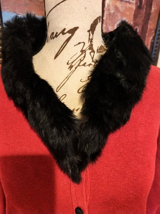Liz Claiborne Sweaters - Vintage Emma James Red Button Down Sweater Removable Black Rabbit Fur Collar PM
